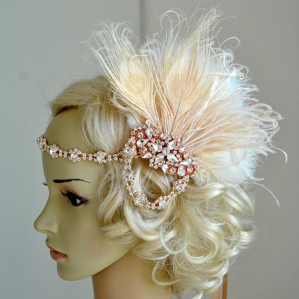 Rose Gold Fascinator Flapper Headband, Great Gatsby 1920s Headpiece Headband, Rose Gold Bridal Party Headpiece Champagne Feathers Hair Clip