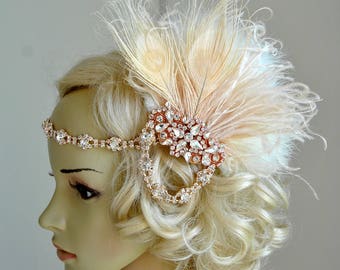 Rose Gold Fascinator Flapper Headband, Great Gatsby 1920s Headpiece Headband, Rose Gold Bridal Party Headpiece Champagne Feathers Hair Clip