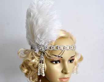 The Great Gatsby 20's rhinestone pearls 20's flapper Headpiece headband, Bridal Headband, Crystal Ribbon Headband