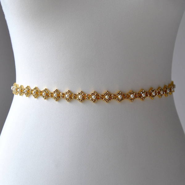 Thin Gold Dress Sash Belt, Wedding dress Bridal Sash, Pearls Rhinestone Sash, All around Bridal Bridesmaid Sash Belt, Wedding dress sash