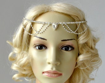 Chain Rhinestone flapper Gatsby Headband, Chain 1920s Wedding Crystal Headband Headpiece, Bridal Headpiece, 1920s Flapper headband headpiece