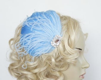 Blue Feather Fascinator Hair Clip Downton Abbey 1920's flapper headpiece Great Gatsby, Feather bridal fasciantor feather hair piece, Silver
