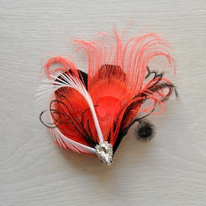 HEART in Black, Red, Ivory Peacock Feather Hair Clip, Feather Fascinator Rhinestone Headpiece christmas Hair piece