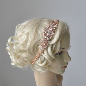 Long Rose Gold  Bridal Headband Crystal Rhinestone Wedding Headband Headpiece Rose Gold Bridal Flapper 1920s Great Gatsby Headband Headpiece