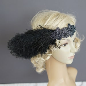 Black, Dark grey metalic beading Vintage Inspired The Great Gatsby1920s headpiece Flapper Feather Headband, boho, beaded headband