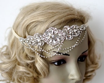 Fascia per capelli Gatsby con catena in cristallo, fascia per capelli da sposa a catena degli anni '20, copricapo da sposa a catena, fascia per capelli flapper in argento degli anni '20