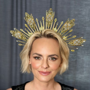 Crystal Halo Crown, Rhinestone Gold Halo Crown, Halo gold Headpiece Headband, Sunburst Halo Headlights, Gold Wedding Crown, Crysal Headband