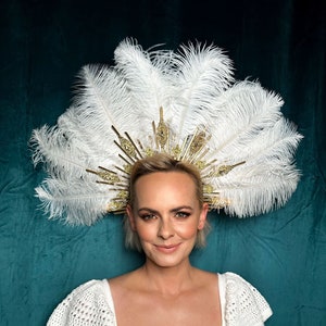 Feather Crystal Halo Crown, Gold Halo Crown, Feather Halo Headpiece Headband, Sunburst Halo Headlights, Gold Wedding Crown,  Crysal Headband