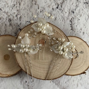 Bridal Hair Pins Set MADELYN , Pearl Crystal Floral Hair Pin with leaves, Wedding Gold silver hair vine, Boho Headpiece hair clip set