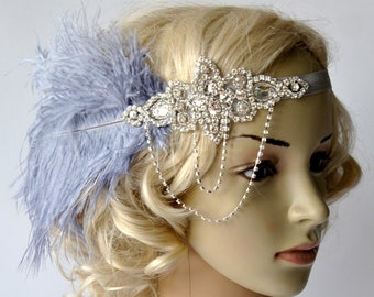 Flapper Rhinestone Feather Headband, 1920's,Feather, crystal flapper costume,  silver, Great Gatsby chain Headpiece Headband crystal flapper