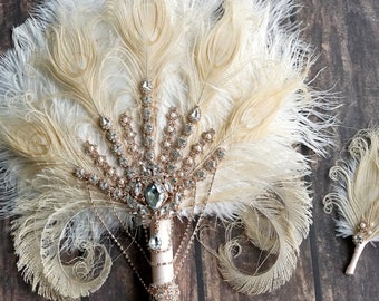 Ramo de novia con broche de pavo real en oro rosa de 18" y abanico de plumas de avestruz, gran alternativa, ramo de novia en color marfil, ramo de novia del Gran Gatsby de los años 1902.