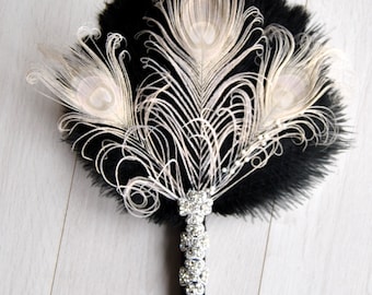 Bridal alternative Ostrich Feather Fan Bridal Bouquet Ivory Great Gatsby 1920s Bouquet bridesmaid fan wedding groom feathers boutonniere