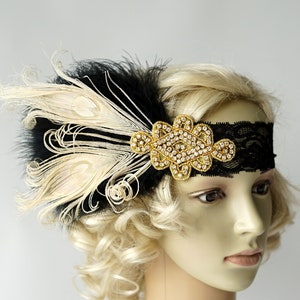Flapper Lace Rhinestone Feather Headband, 1920&#39;s,Feather, Lace flapper costume, black, silver, Great Gatsby Headpiece Headband