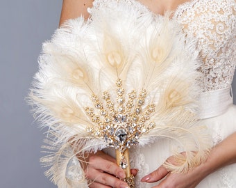 Gold Bridal Fan Bouquet Ostrich Big alternative Feather brooch Fan Bridal Ivory Great Gatsby 1902s art deco wedding Roaring 20's bouquet fan