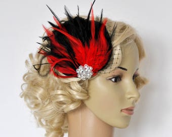 Red Feather Fascinator Hair Clip Downton Abbey 1920's flapper headpiece black red Gatsby Feather bridal fasciantor christmas hair piece