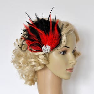 Red Feather Fascinator Hair Clip Downton Abbey 1920's flapper headpiece black red Gatsby Feather bridal fasciantor christmas hair piece image 1