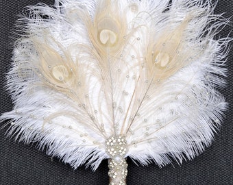 Pearls Bridal Feather Fan, Ostrich Feather Fan Bridal Bouquet Gatsby 1920s Bouquet Bridesmaid Fan gift wedding groom peacock boutonniere