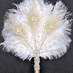 Pearls Bridal Feather Fan, Ostrich Feather Fan Bridal Bouquet Gatsby 1920s Bouquet Bridesmaid Fan gift wedding groom peacock boutonniere