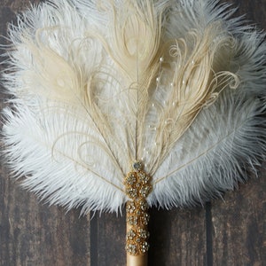 Gold Bridal Alternative Ostrich Feather Fan Bouquet Ivory Great Gatsby ...