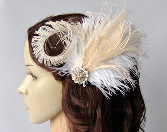 Ivory Rhinestone hair comb head piece fascinator Bridal White hairpiece headpiece Feather Fascinator 1920s Headpiece wedding fascinator gift