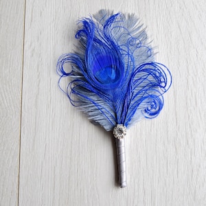 Silver royal blue boutonniere Ostrich Feather Bridal 1920s Peacock groomsmen boutonnire wedding groom feathers boutonniere button hole