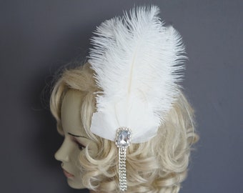 White Rhinestone hair comb head piece fascinator Bridal White hairpiece headpiece Feather Fascinator 1920s Headpiece wedding fascinator gift