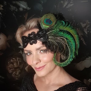 Green peacock gatsby Headpiece, Bridal 1920s flapper Headpiece, green peacock Rhinestone headband headpiece gift