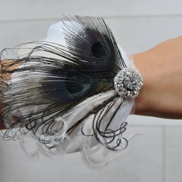 Noir blanc cassé Champagne Corsage Great Gatsby mariage bracelet plumes souvenir Feacock poignet bal de promo mère demoiselle d'honneur des années 1920 cadeau de corsage