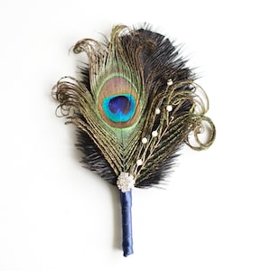 Peacock Wedding gtoom boutonniere, Black Green Ostrich Feather Gatsby 1920s groomsmen boutonnire, wedding feathers boutonniere button hole