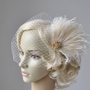 Bridal Veil and gold champagne fascinator Downton Abbey 1920&#39;s flapper headpiece ivory, Great Gatsby, birdcage veil set, Feather fasciantor