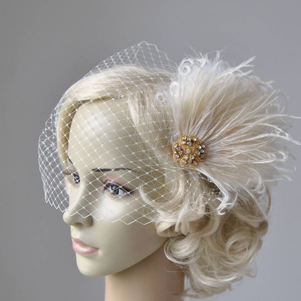 Bridal Veil and gold champagne fascinator Downton Abbey 1920's flapper headpiece ivory, Great Gatsby, birdcage veil set, Feather fasciantor