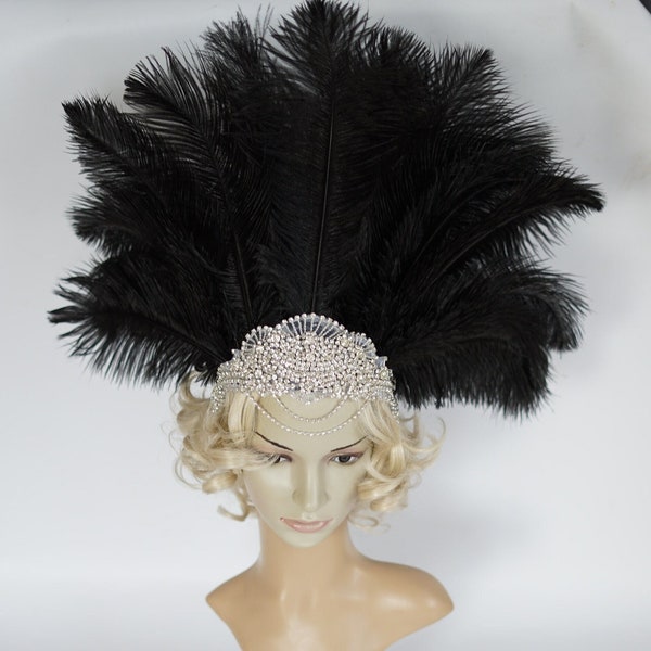 Grande coiffe de carnaval de plumes de cristal noir, bandeau de clapet Gatsby, bandeau de casque de clapet des années 1920, bandeau de cristal de partie de samba