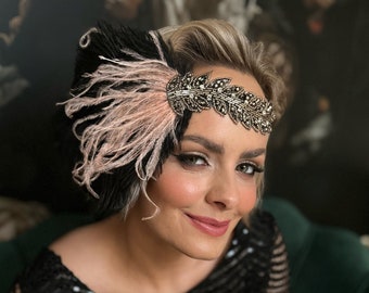 Tocado Gatsby negro oro rosa, diadema de plumas Flapper de melocotón negro tocado de pedrería de la década de 1920, regalo fascinador de tocado de plumas