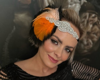 Tocado de diadema flapper naranja negro, diadema de tocado Feather The Great Gatsby1920s, diadema de plumas flapper, regalo de diadema de cristal