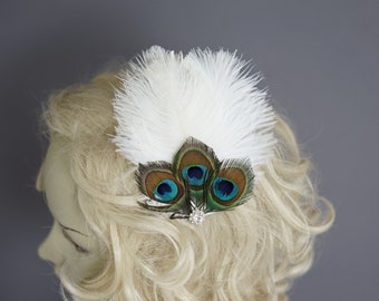 White Feather Fascinator Peacock Hair Clip, 1920s Rhinestone head piece, Bridesmaid Bridal hairpiece, Prom Party Wedding fascinator