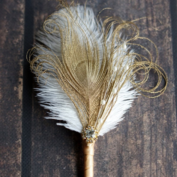 Gold Groom boutonniere, Ostrich Peacock Bridal boutonnire, Gatsby 1920s groomsmen wedding groom feathers boutonniere button hole gift