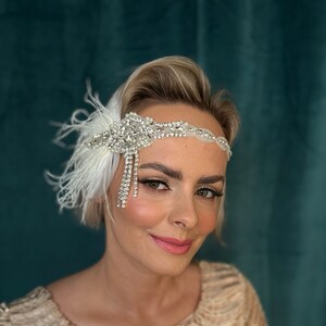 Gatsby 20's ivoor zendspoel hoofdband, parels flapper hoofdband jaren 1920 flapper zendspoel tovenaar, kristallen veer bruids hoofdband cadeau afbeelding 2