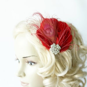 Red Feather Fascinator Hair Clip Abbey 1920's flapper headpiece Red Gatsby christmas headband, red bridal fasciantor feather hair piece image 1