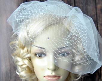 Crystal Bandeau Veil, Crystal Full Double layer bandeau birdcage veil, Swarovski Wedding Veil, Crystal Bridal Veil Rhinestone Tulle Veil