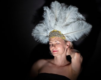 Coiffe de carnaval de Rio en or noir, bandeau à clapet en cristal Feather Gatsby, casque à clapet des années 1920, coiffure bandeau en cristal pour fête de samba