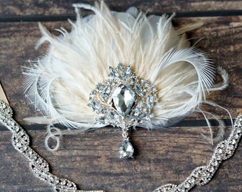 Champagne Feather Crystal Flapper, 1920s headpiece, Crystal Headpiece Bridal wedding headband headpiece great gatsby rhinestone flapper