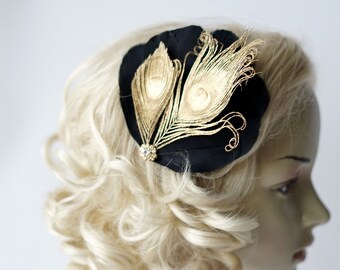 Gold Schwarzer Feder Fascinator, Gold Fascinator, 1920er Jahre Kristall Kopfschmuck, Fascinator für Abschlussball, Brautschmuck Haarschmuck, Fascinator für Abschlussball
