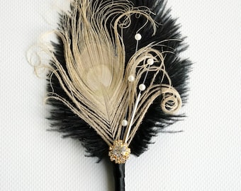 Black Ivory Groom boutonniere Ostrich Feather Gatsby Wedding 1920s groomsmen boutonnire wedding groom feathers boutonniere button hole