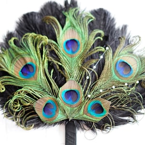 Peacock Bridesmaid Bridal Fan, alternative Ostrich Feather Fan Bridal Bouquet Peacock Gatsby 1920s Fan wedding feathers boutonniere