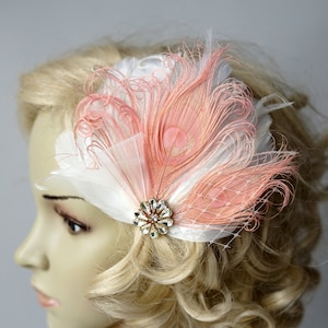 Rose Light Pink fascinator Downton Abbey 1920&#39;s flapper headpiece ivory pink, Great Gatsby, party accessory peacock Feather fasciantor gift