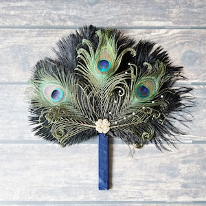 Peacock Bridesmaid Bridal Fan alternative Ostrich Feather Fan Bridal Bouquet Peacock Gatsby 1920s crystal Fan wedding feathers boutonniere