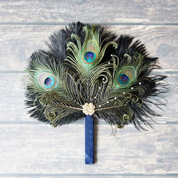 Peacock Bridesmaid Bridal Fan alternative Ostrich Feather Fan Bridal Bouquet Peacock Gatsby 1920s crystal Fan wedding feathers boutonniere