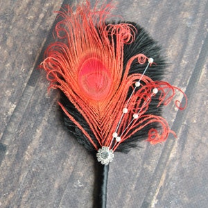 Black Red Bridal boutonniere Ostrich Feather Bridal 1920s groomsmen boutonnire wedding groom feathers boutonniere button hole