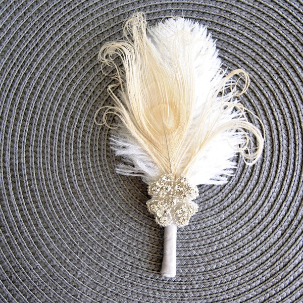 Crystal Groom boutonniere Ostrich Feather Bridal Ivory Gold Gatsby 1920s groomsmen boutonnire wedding feathers boutonniere button hole pin