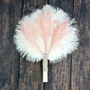 Blush Bridal alternative Ostrich Feather Fan Bridal Bouquet Gatsby 1920s Bouquet Bridesmaid Fan wedding groom feathers boutonniere gift